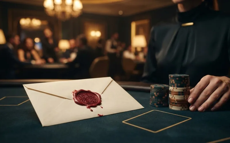 A red wax seal on an envelope next to casino chips, no writing
