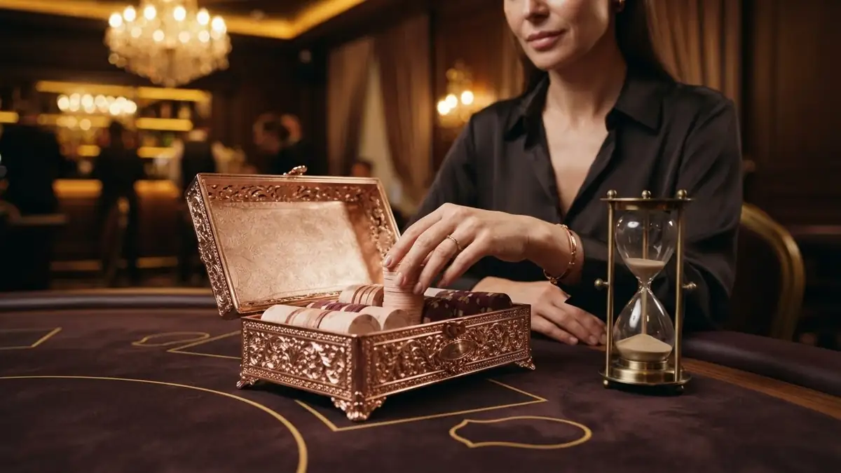 A rose-gold jewelry casket filled with casino chips, an hourglass beside it, no numbers