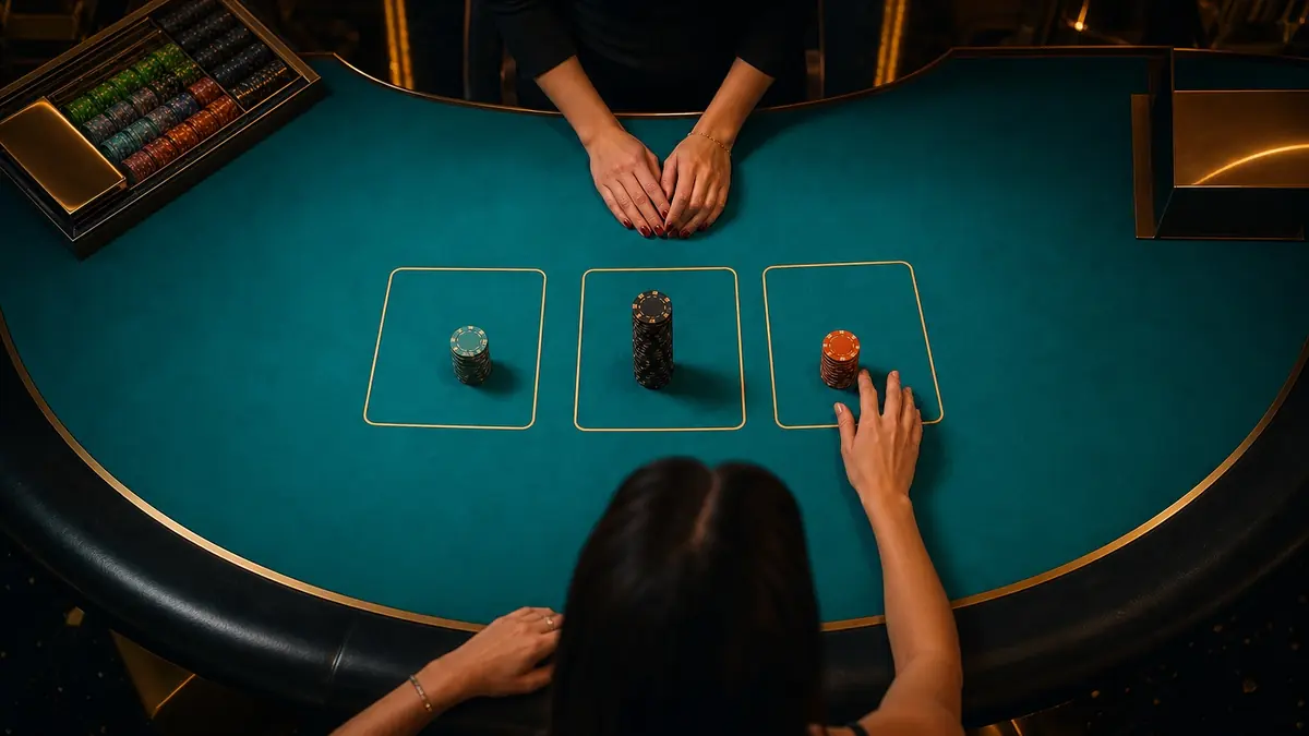 Top-down view of a turquoise baccarat table, chips placed on three betting areas in stacks of different heights