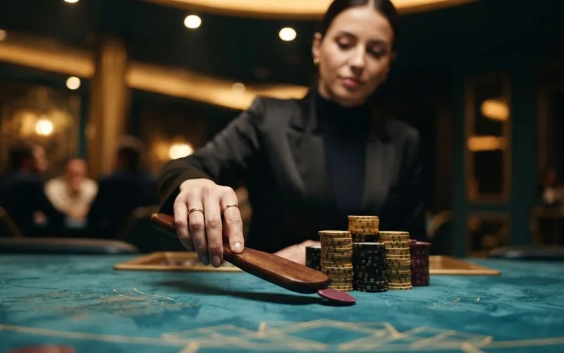 Close-up: a wooden dealer paddle separating one small chip from a pile of winning chips on turquoise felt