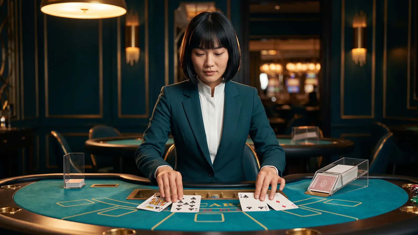A croupier at a turquoise baccarat table laying out two hands of cards: on the left a king and a nine
