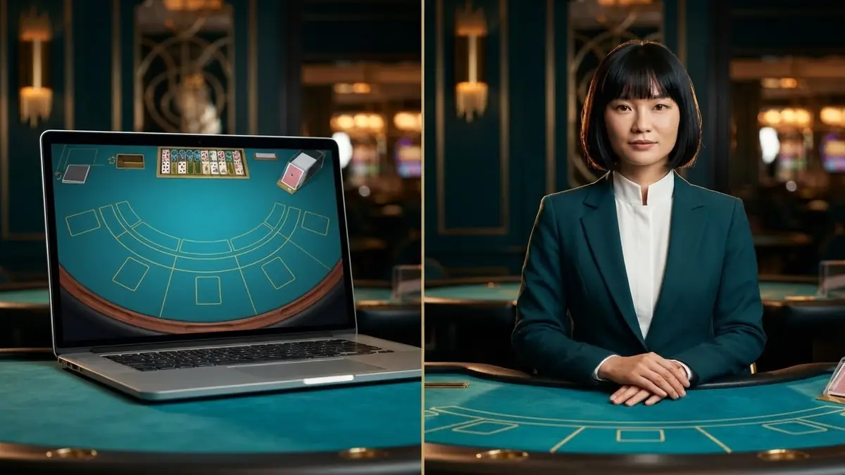 Split composition: left half a laptop screen showing a digital baccarat table game, right half a live table with the croupier