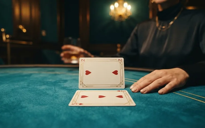 Two playing cards, a two and a three, lying face up on turquoise felt
