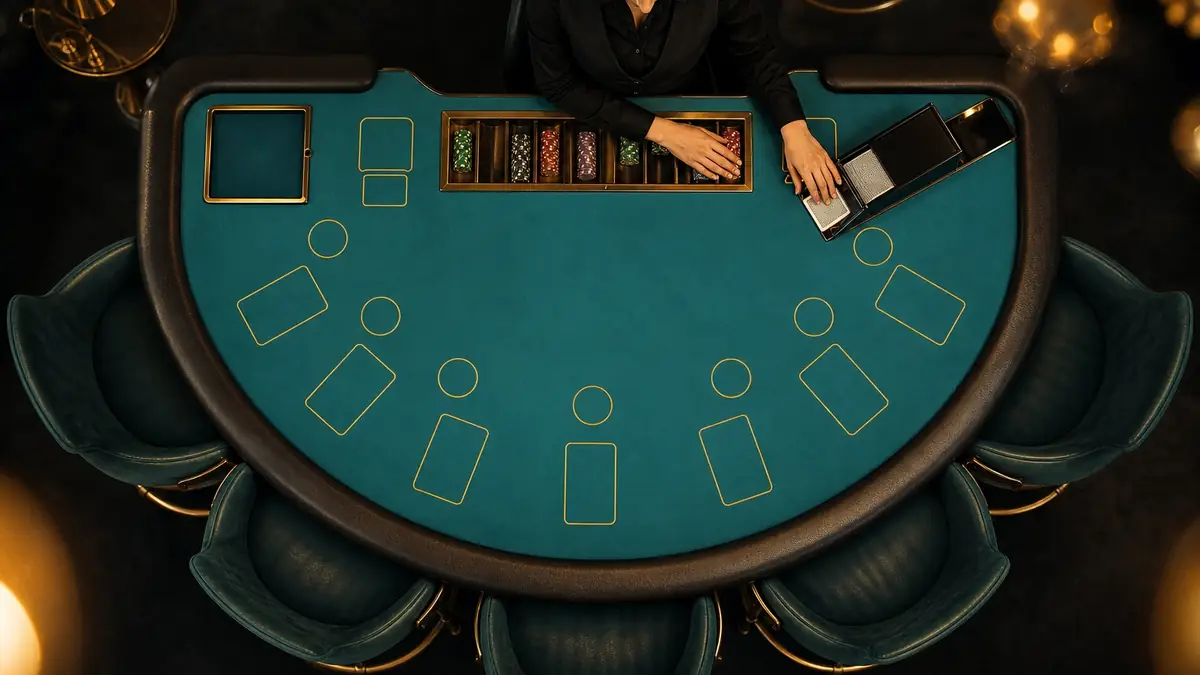 Strictly top-down view of a turquoise baccarat table: seven seats, betting areas outlined in gold without any words