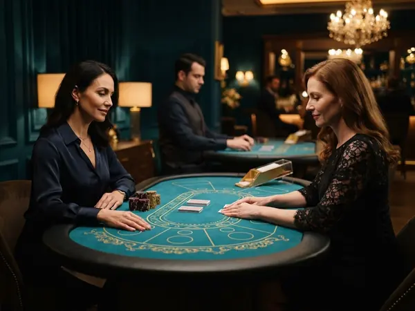 A small elegant mini baccarat table for few players, turquoise felt, warm light