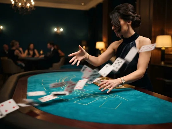 Playing cards flying in motion with blur trails over turquoise felt, sense of speed