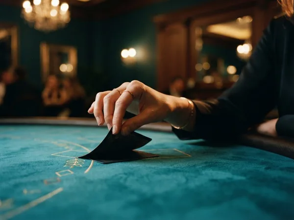 Close-up of a hand slowly lifting the corner of a playing card on turquoise felt, suspense, warm light