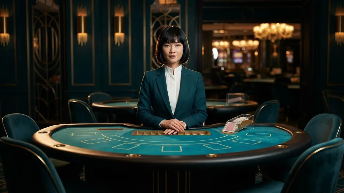 Wide shot of a casino hall: long baccarat table with 7 seats, card shoe, dealer paddle, blank limits plaque