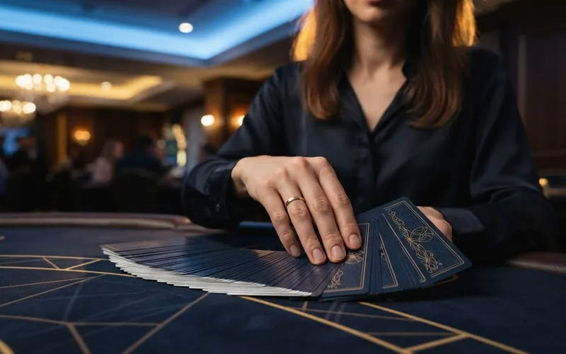 Close-up: backs of playing cards fanned out under raking side light, texture of card edges visible