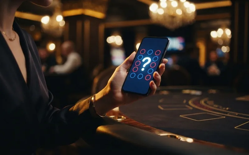 Abstract: a smartphone screen showing a drawn grid of red and blue circles and a big question mark, dark navy background