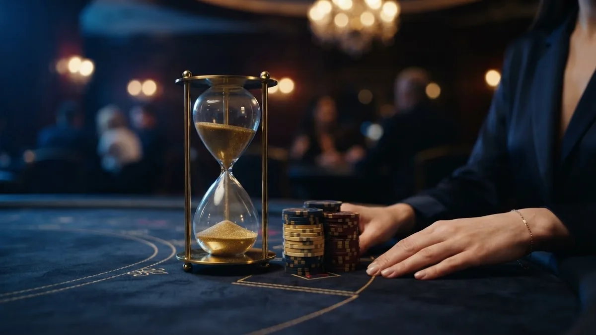 Still life: an hourglass with golden sand next to a stack of casino chips on dark blue felt, theme of time
