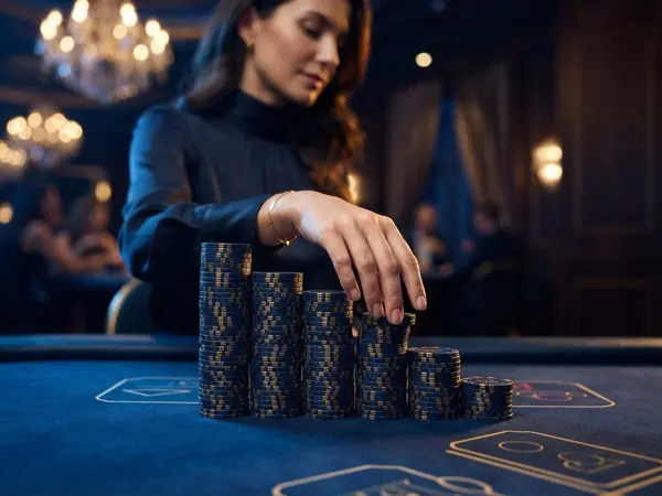 A staircase made of casino chip stacks going one step up then one step down, navy felt