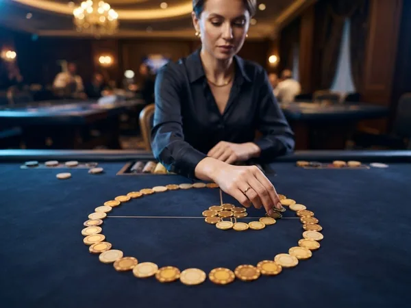A golden Fibonacci spiral laid out with casino chips on dark navy felt, top view