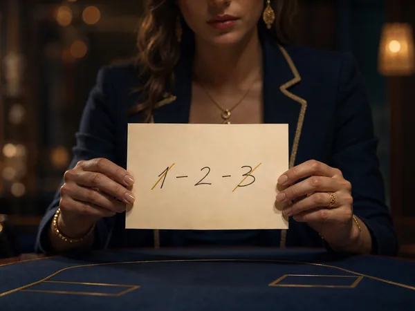 A sheet of cream paper on navy felt with the handwritten sequence '1-2-3', the first and last numbers crossed out with gold ink