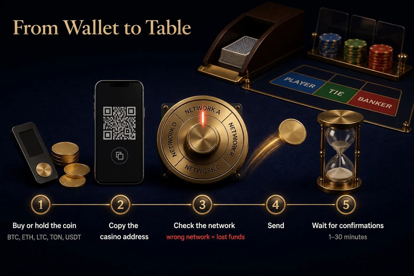 Five steps of a crypto deposit to a casino