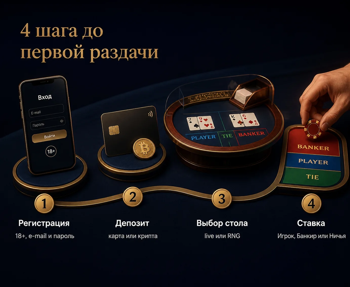Четыре шага: регистрация, депозит, стол, ставка