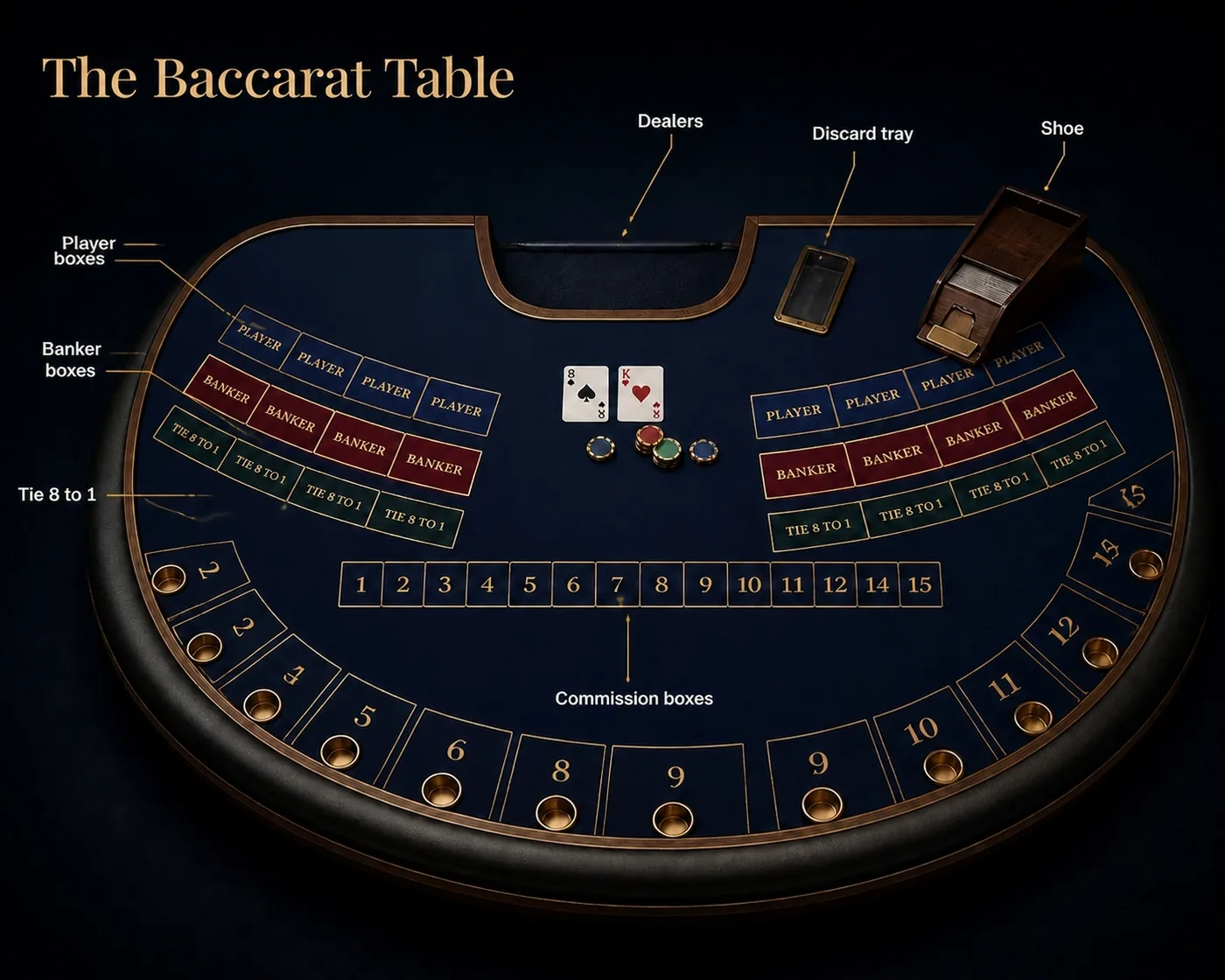 Baccarat table layout: betting boxes, commission, shoe